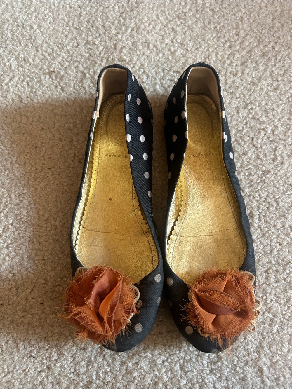 J. Crew Black Polka Dot Ballet Flats with Orange Fabric Rosettes